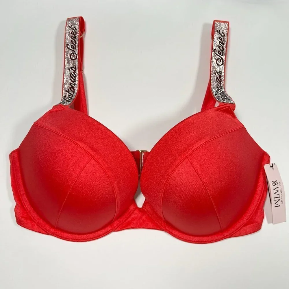 Victoria Secret 38C SEXY TEE Push Up Bikini Top LOGO Shine Strap Pink